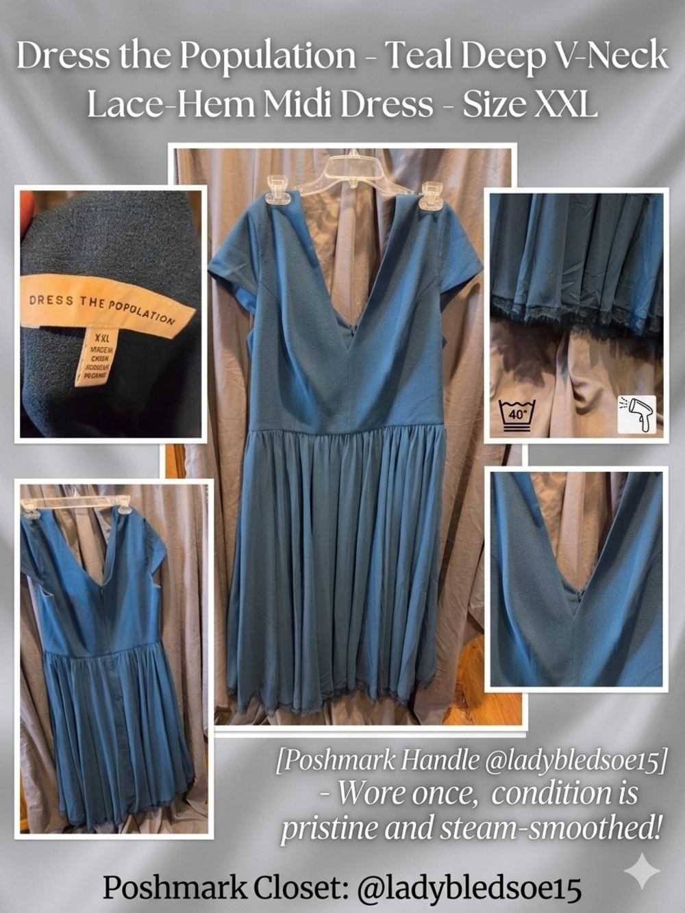 Dress the Population Teal/Peacock Blue V-Neck Midi Dress with Lace Hem